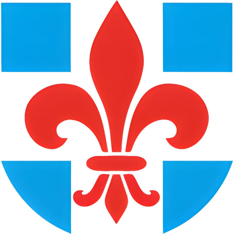Heraldic emblem featuring a red fleur-de-lis centered on a white shield with blue quartered corners and bottom border.