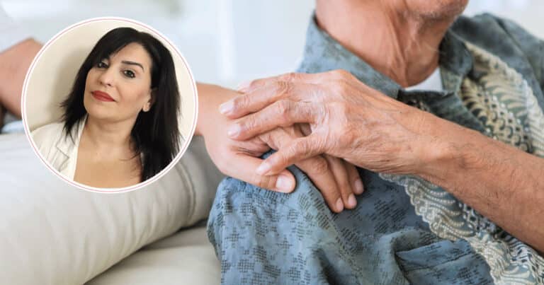 Elderly person resting with clasped hands; inset portrait of a smiling female clinician.