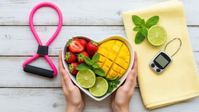 Heart-shaped bowl of fresh fruit (mango, strawberries, limes) with mint, held by hands on a wooden table next to a pink jump rope and a glucose meter on a yellow towel.