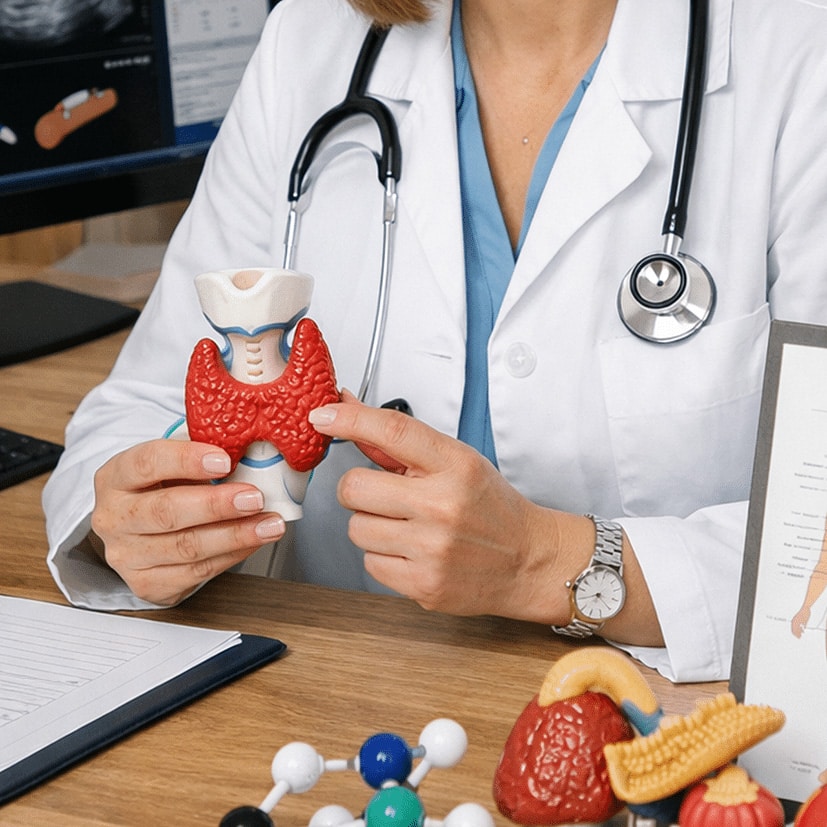 Doctor in a white coat holds a red thyroid model and explains it with a stethoscope nearby on a desk.