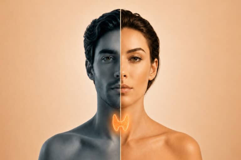 Split-face illustration showing male and female heads with a glowing thyroid, representing thyroid health or endocrine balance.