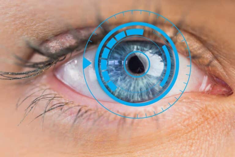 Close-up of a blue iris with a futuristic circular HUD, implying iris scan or biometric security.